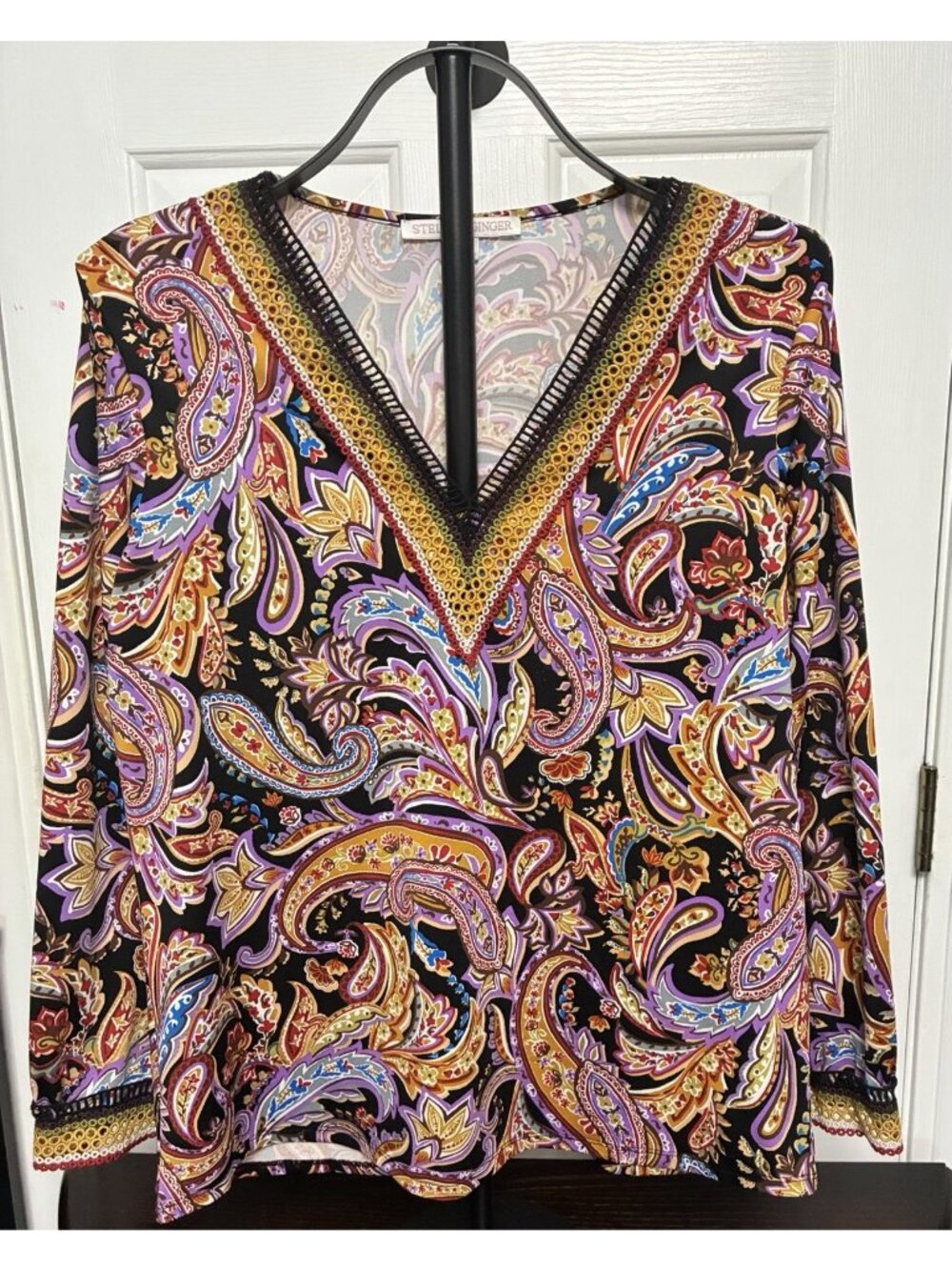 Stella & Ginger Black Purple Paisley Print Tunic Long Sleeves Womens Size XL